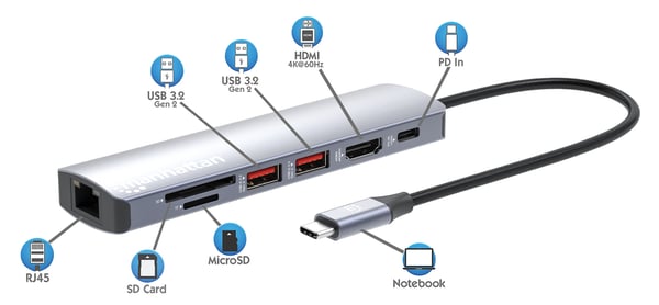 Manhattan 153966 kannettavien tietokoneiden telakka ja porttitoistin Langallinen USB 3.2 Gen 2 (3.1 Gen 2) Type-C Hopea