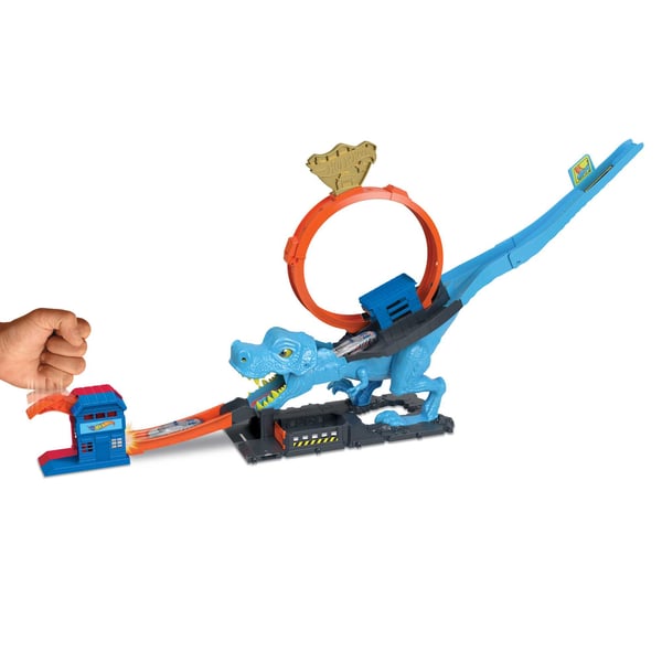 Hot Wheels City -banset med 1 leksaksbil, lekset med T-Rex-loop och stunttrick