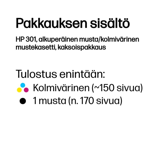 HP 301, alkuperäinen musta/kolmivärinen mustekasetti, kaksoispakkaus