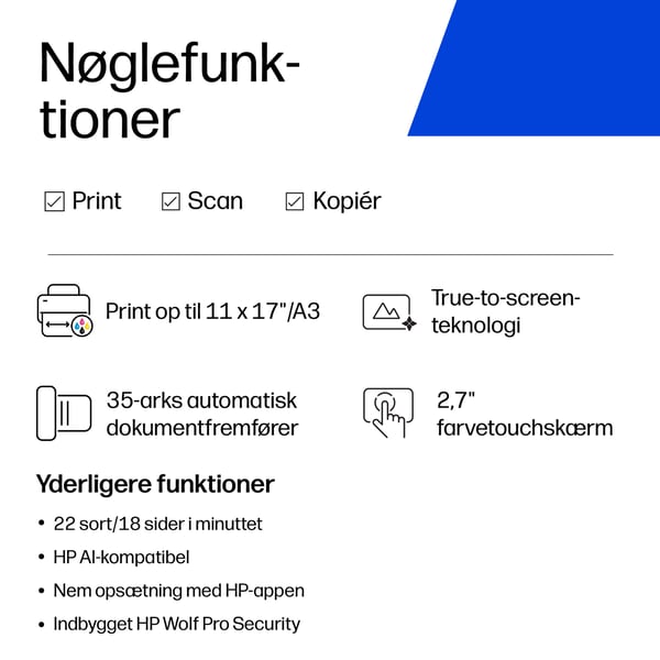 HP OfficeJet Pro 9720e Trådløst All-in-One Farve Printer, Tosidet print; Kopimaskine, scanner