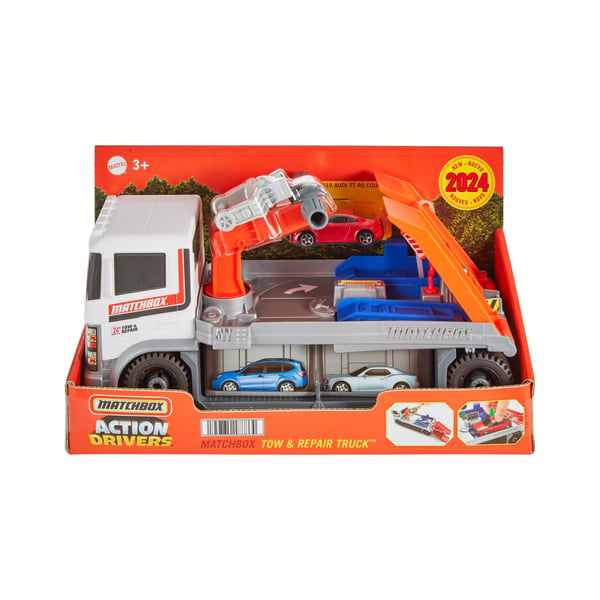 Matchbox Action Drivers-kran- og reparationslastbil med bil i størrelsesforholdet 1:64