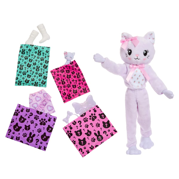Barbie Cutie Reveal -nukke ja tarvikkeita, Cuddly Series -kissanpentu ja 10 yllätystä