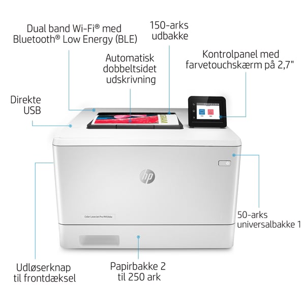 HP Color LaserJet Pro M454dw, Print, USB-udskrivning fra printerens forside; Dobbeltsidet udskrivning
