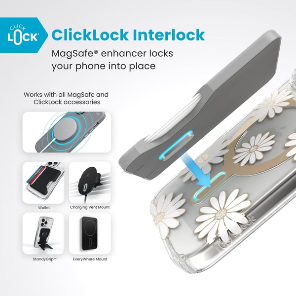 Speck Presidio Lux ClickLock & MagSafe - Cover til iPhone 16 Pro (Sunshine Daisies / Klar / Guld)