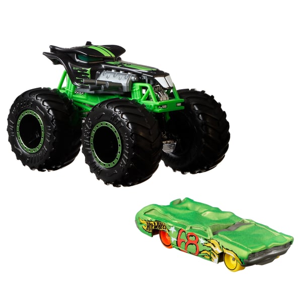 Hot Wheels Monster Trucks Hot Wheels-monstertruckar, fordon skala 1:64, 2-pack, 1 formgjuten truck och 1 bil
