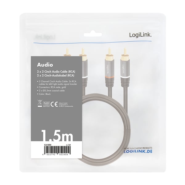 LogiLink CA1203 audiokaapeli 1,5 m 2 x RCA Musta
