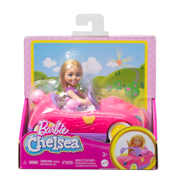 Barbie Chelsea -køretøjssæt med blond lille dukke, legetøjsbil og bamsetilbehør