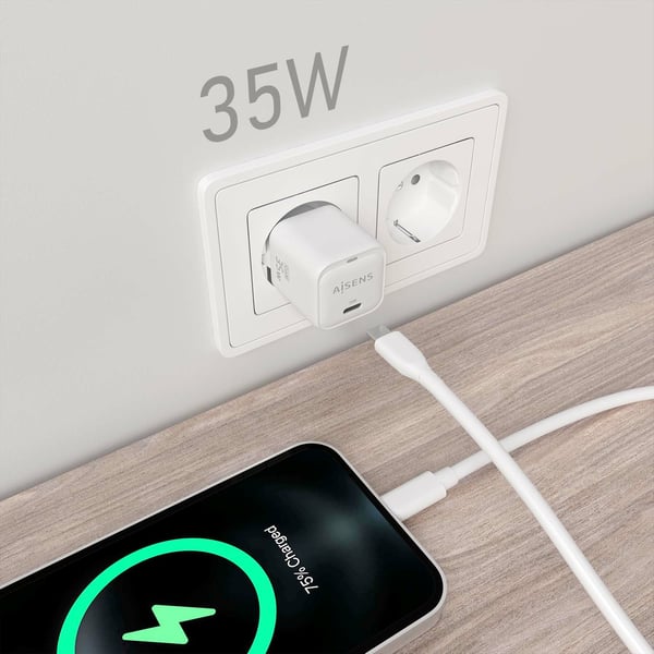 AISENS ASCH-35W1P022-W oplader til mobil enhed Universel Hvid Vekselstrøm Hurtig opladning Indendørs