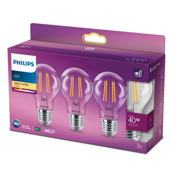 Philips Filament pære, klar 40 W A60 E27 x 3