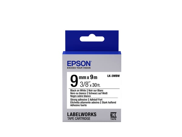 Epson etikettkassett stark självhäftande tejp – LK-3WBW stark tejp svart/vit 9/9