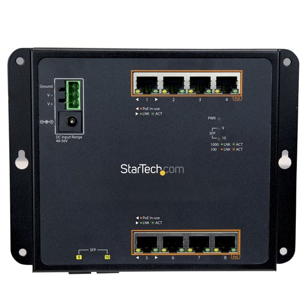 StarTech.com Industriell Gigabit PoE med 8 portar + switch med 2 SFP MSA-platser - 30 W - Härdad lager/L2-switch GbE-styrd - Robust Gigabit Ethernet-nätverksswitch med hög effekt IP-30/-40 C till 75 C