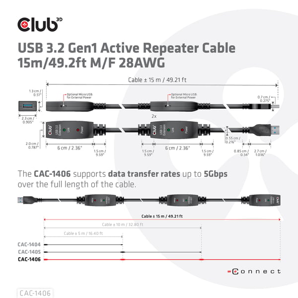 CLUB3D CAC-1406 USB-kablar USB 3.2 Gen 1 (3.1 Gen 1) 15 m USB A 5 Gbit/s Svart