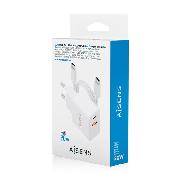 AISENS ASCH-20W2P083-W oplader til mobil enhed Mobiltelefon, Smartphone, Digitalt kamera, Universel, Tablet Hvid Vekselstrøm Hurtig opladning Indendørs