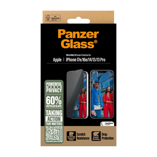 PanzerGlass ® 2-Way Privacy Screen Protector iPhone 17e | 16e | 14 | 13 | 13 Pro | Ultra-Wide Fit w. EasyAligner Genomskinligt skärmskydd Apple 1 styck