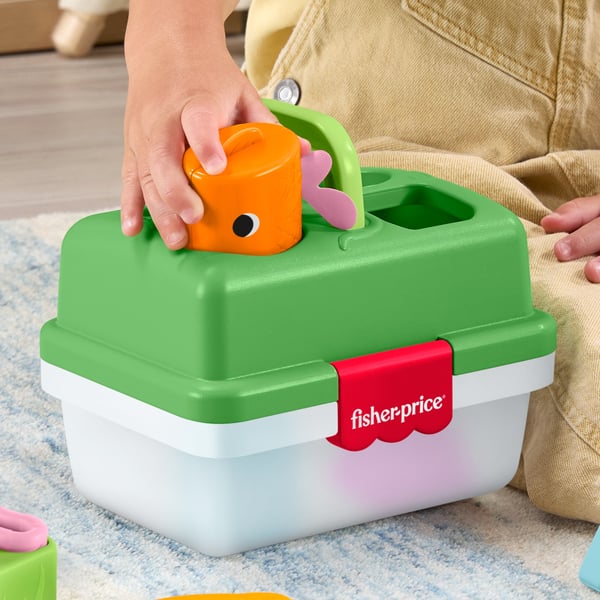 Fisher-Price Kompisskogens fiskelåda, babyleksak med 6 klossar och fisknät