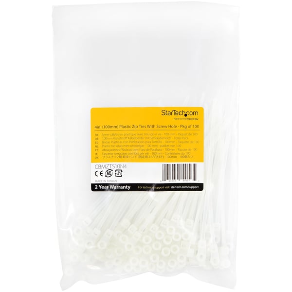 StarTech.com 10cm-kabelband med monteringshål - 2mm brett, 2 tum 24mm buntdiameter, 8kg draghållfasthet, Nylon 66 självlåsande band med skruvhål, UL-lista, 100-pack