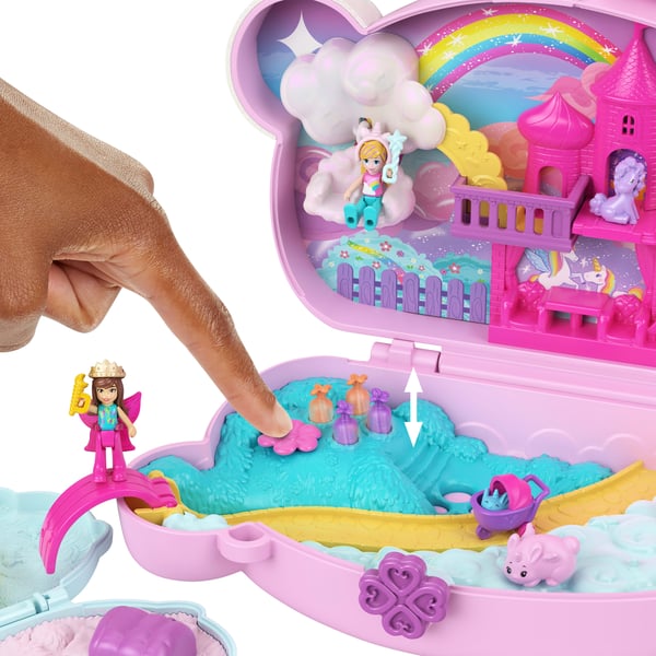Polly Pocket 2-i-1-lekväska i form av en kanin, bärbart lekset med 2 dockor och 12 tillbehör, däribland husdjur