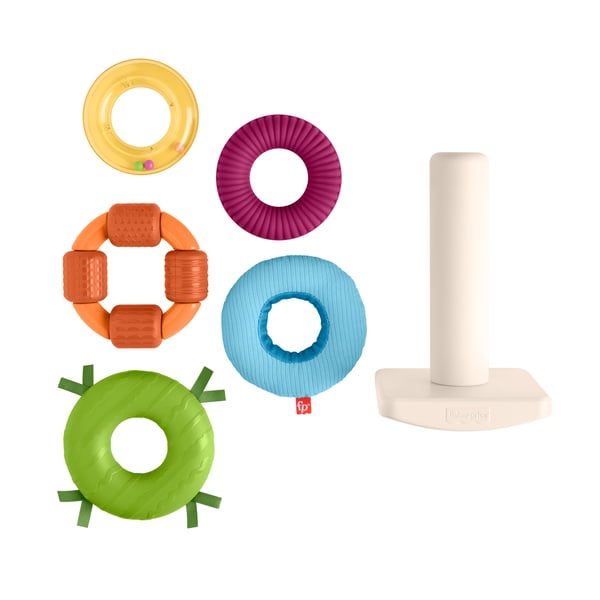Fisher-Price Sanseligt Rock-A-Stack-stablelegetøj med vippefod og aktiviteter, der stimulerer finmotorikken hos børn