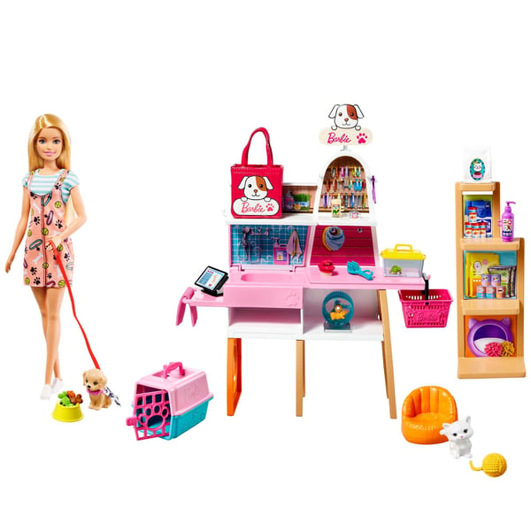 Barbie Barbie-dukke og -dyrebutik med 4 dyr og tilbehør, til 3-7-årige