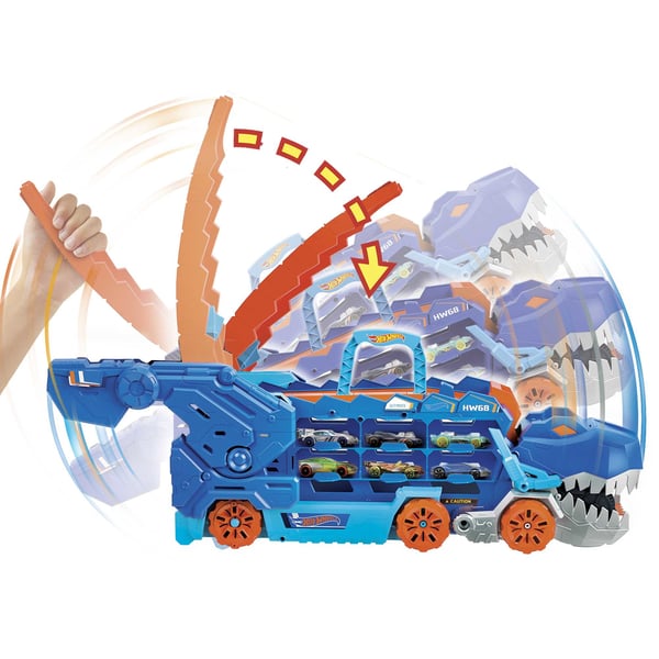 Hot Wheels City Ultimat långtradare, förvandlas till en T-Rex med racerbana, rymmer över 20 bilar