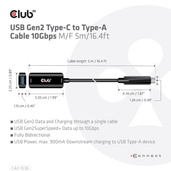 CLUB3D CAC-1536 USB-kabel USB 3.2 Gen 2 (3.1 Gen 2) 5 m USB C USB A 10 Gbit/sek. Sort
