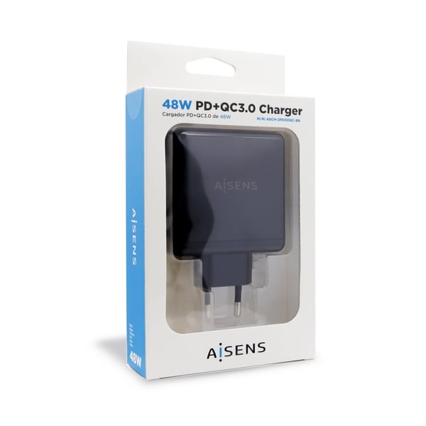 AISENS ASCH-2PD30QC-BK mobiililaitteen laturi GPS, Peliohjaimet, MP3, MP4, Matkapuhelin, Kannettava tietokone, Älypuhelin, Tabletti Musta AC Pikalataus Sisätila
