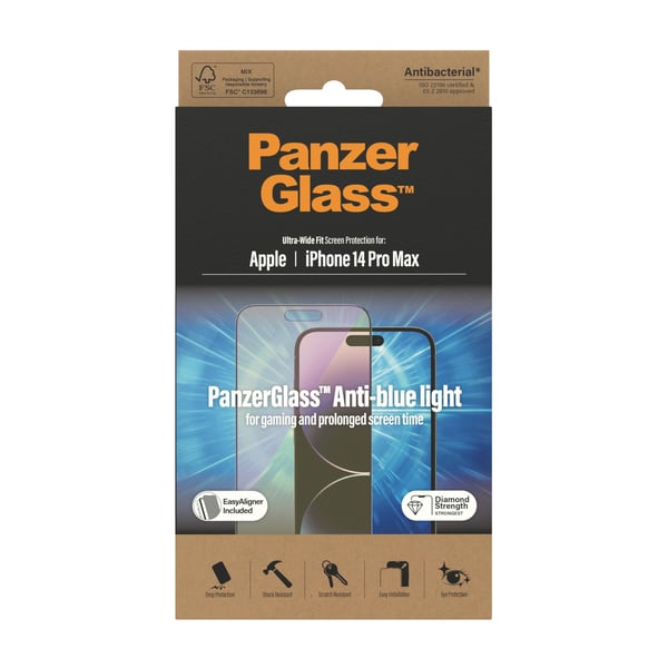 PanzerGlass ® Anti-blue light Skærmbeskyttelse iPhone 14 Pro Max | Ultra-Wide Fit m. EasyAligner