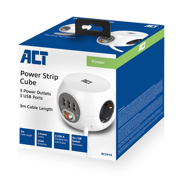 ACT AC2410 jatkojohto 3 m 3 AC-pistorasia(a) Sisätila Valkoinen