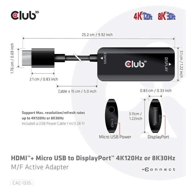 CLUB3D CAC-1335 videokabel adapter 1 m HDMI + USB DisplayPort Sort