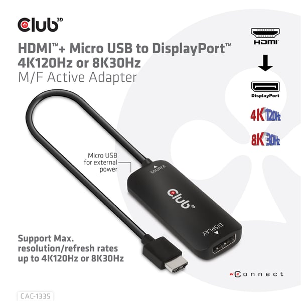 CLUB3D CAC-1335 videokabel adapter 1 m HDMI + USB DisplayPort Sort