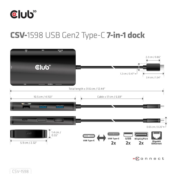 CLUB3D CSV-1598 kannettavien tietokoneiden telakka ja porttitoistin USB 3.2 Gen 2 (3.1 Gen 2) Type-C Musta