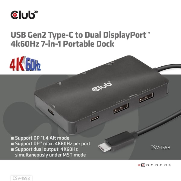 CLUB3D CSV-1598 kannettavien tietokoneiden telakka ja porttitoistin USB 3.2 Gen 2 (3.1 Gen 2) Type-C Musta