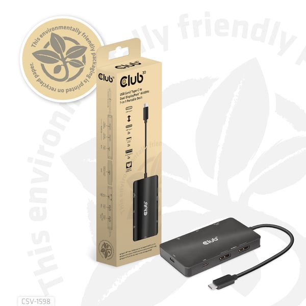 CLUB3D CSV-1598 kannettavien tietokoneiden telakka ja porttitoistin USB 3.2 Gen 2 (3.1 Gen 2) Type-C Musta