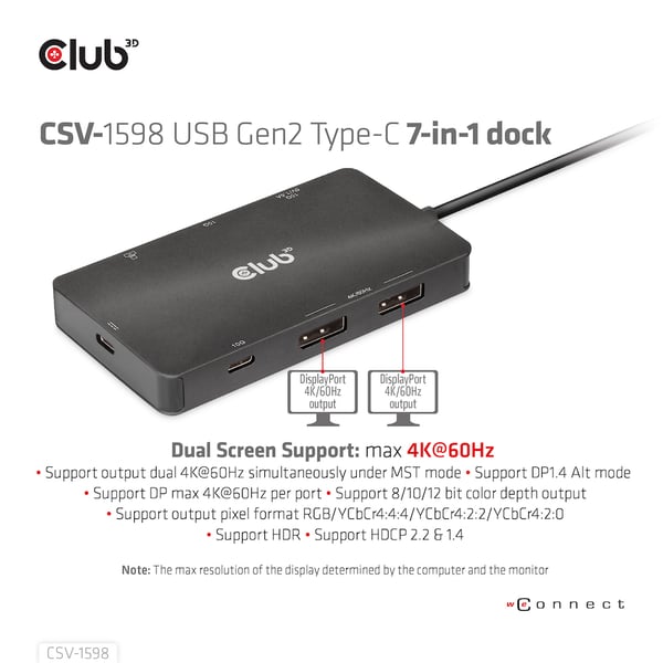 CLUB3D CSV-1598 kannettavien tietokoneiden telakka ja porttitoistin USB 3.2 Gen 2 (3.1 Gen 2) Type-C Musta