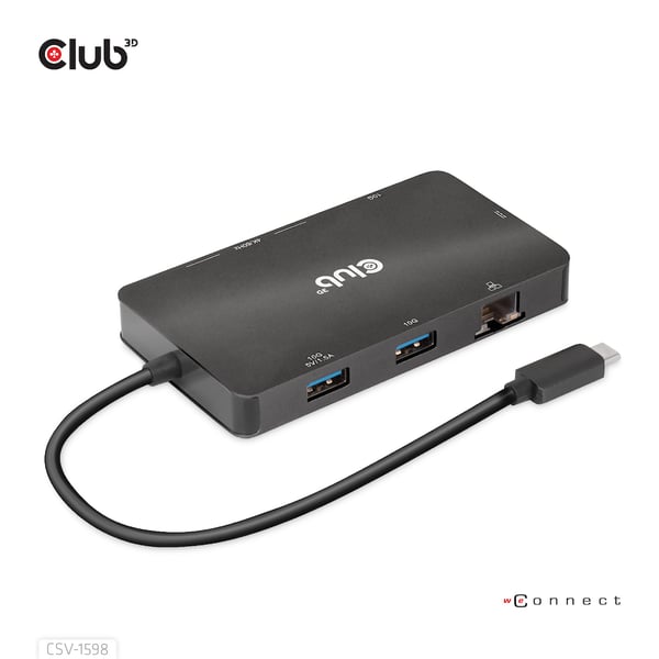 CLUB3D CSV-1598 kannettavien tietokoneiden telakka ja porttitoistin USB 3.2 Gen 2 (3.1 Gen 2) Type-C Musta