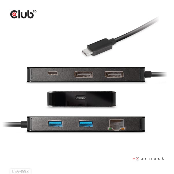 CLUB3D CSV-1598 kannettavien tietokoneiden telakka ja porttitoistin USB 3.2 Gen 2 (3.1 Gen 2) Type-C Musta