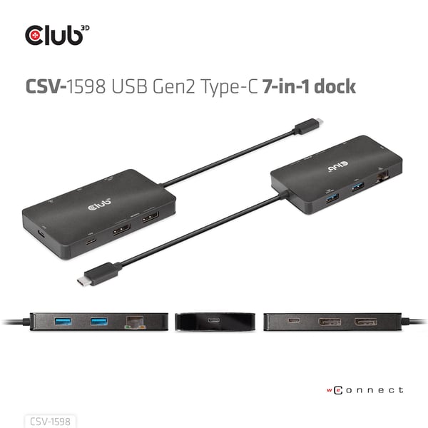 CLUB3D CSV-1598 kannettavien tietokoneiden telakka ja porttitoistin USB 3.2 Gen 2 (3.1 Gen 2) Type-C Musta