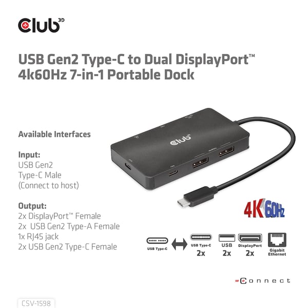 CLUB3D CSV-1598 kannettavien tietokoneiden telakka ja porttitoistin USB 3.2 Gen 2 (3.1 Gen 2) Type-C Musta