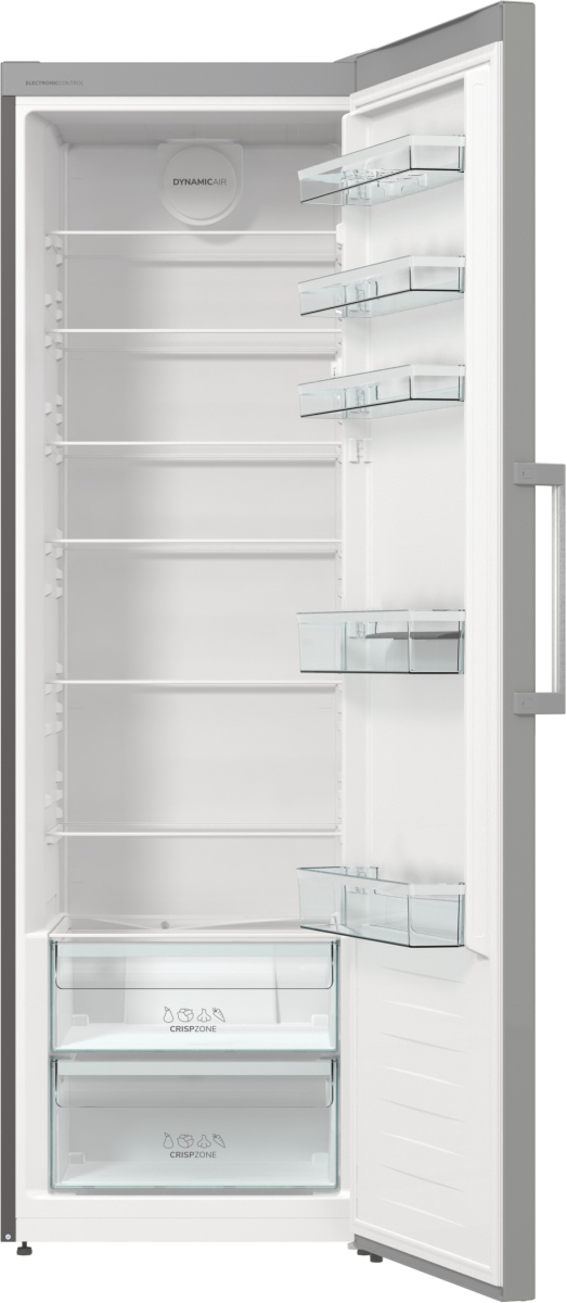 Gorenje Fritstående køleskab med stor kapacitet til daglig opbevaring. Dynamic Air og ventilatorassisteret køling sikrer jævne temperaturer, mens to CrispZone skuffer holder frugt og grøntsager friske og velorganiserede.