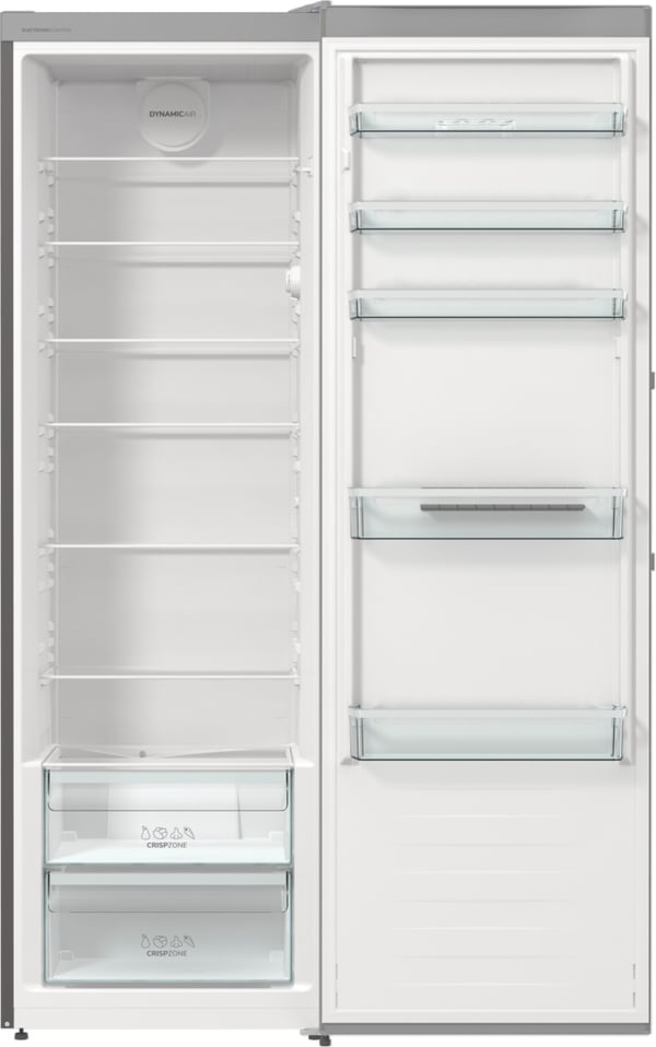 Gorenje Fritstående køleskab med stor kapacitet til daglig opbevaring. Dynamic Air og ventilatorassisteret køling sikrer jævne temperaturer, mens to CrispZone skuffer holder frugt og grøntsager friske og velorganiserede.