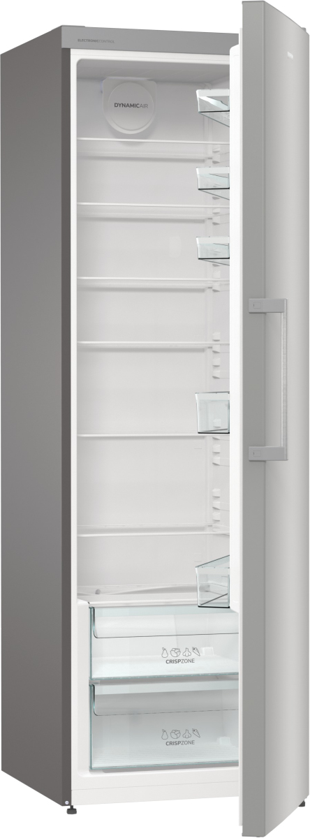 Gorenje Fritstående køleskab med stor kapacitet til daglig opbevaring. Dynamic Air og ventilatorassisteret køling sikrer jævne temperaturer, mens to CrispZone skuffer holder frugt og grøntsager friske og velorganiserede.