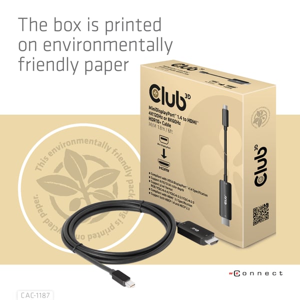 Club 3D CAC-1187 - Adapterkabel - Mini DisplayPort hane till HDMI hane - 1.8 m - stöder 8K