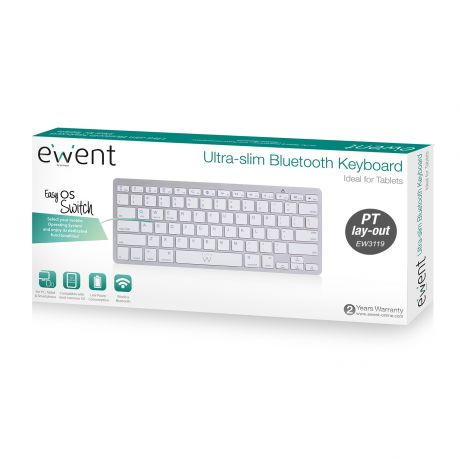 Ewent EW3119 näppäimistö Koti Bluetooth QWERTY Portugali Hopea, Valkoinen