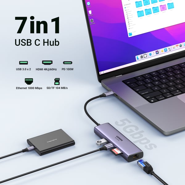 Ugreen 60515 kannettavien tietokoneiden telakka ja porttitoistin Langallinen USB 3.2 Gen 1 (3.1 Gen 1) Type-C Harmaa