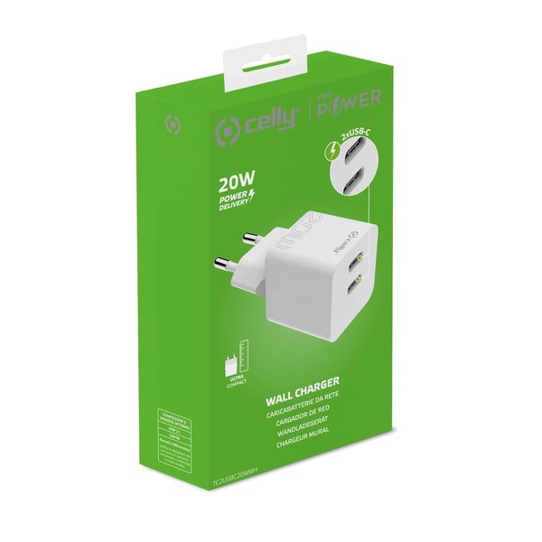 Celly TC2USBC20WWH oplader til mobil enhed Smartphone, Tablet Hvid Vekselstrøm Indendørs
