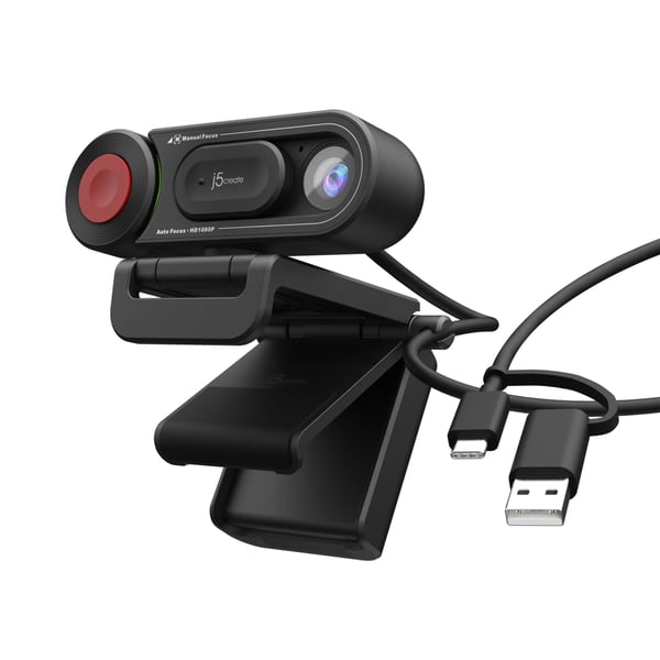 j5create JVU250-N HD-verkkokamera, jossa automaattinen ja manuaalinen tarkennuskytkin