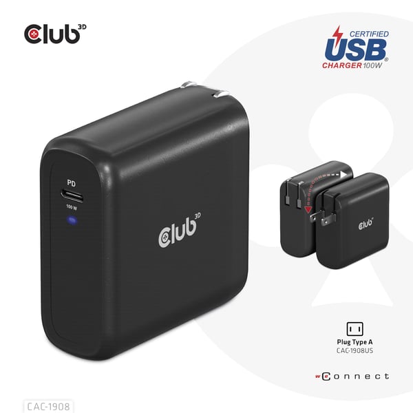 CLUB3D CAC-1908 oplader til mobil enhed Spillekontroller, Mobil computer, Mobiltelefon, Laptop, Bærbar spillekonsol, Smartphone Sort USB Indendørs