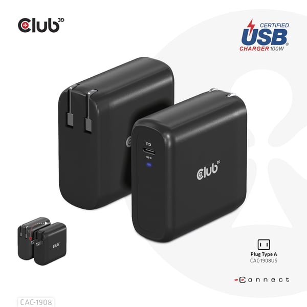 CLUB3D CAC-1908 oplader til mobil enhed Spillekontroller, Mobil computer, Mobiltelefon, Laptop, Bærbar spillekonsol, Smartphone Sort USB Indendørs