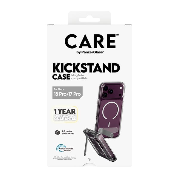 PanzerGlass CARE™ by ® Kickstand Case Transparent w. White MagSafe iPhone 2026 Pro | 17 Pro mobiltelefonfodral Mobilskal