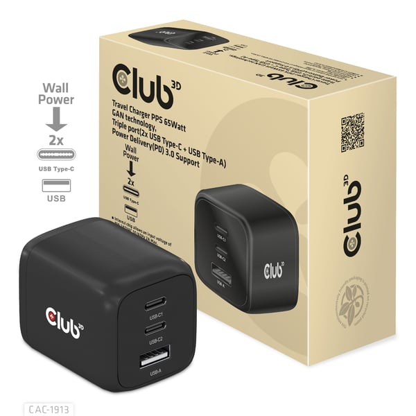 CLUB3D Travel Charger PPS 65Watt GAN technology, Triple port (2x USB Type-C + USB Type-A) Power Delivery(PD) 3.0 Support
